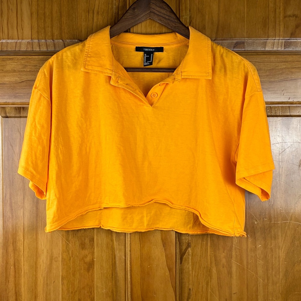 Forever 21 Medium Cropped Polo Shirt Orange Short Sleeve Raw Hem Festival Skater